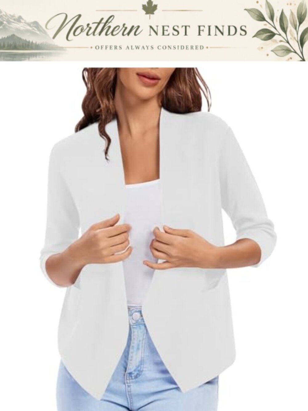 Lightweight Open Front Cropped Cardigan 3/4 Sleeve Shrug Pockets
